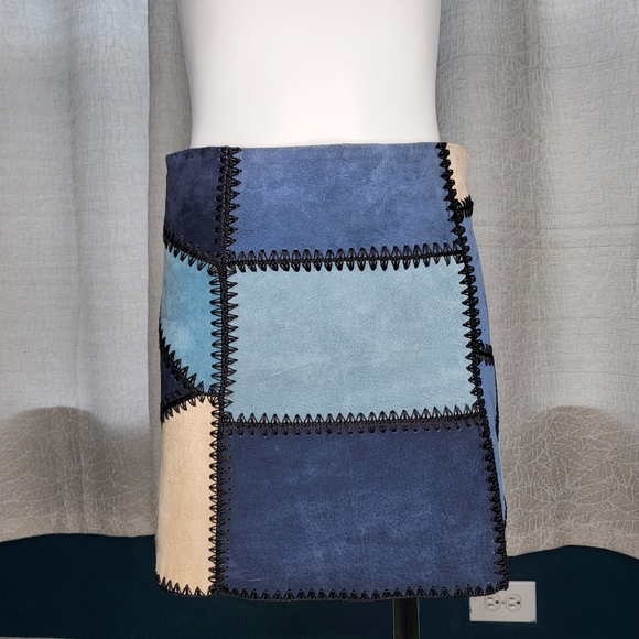 Zara Woman Leather Patchwork Skirt size XS Blue/Tan/Black Excellen…